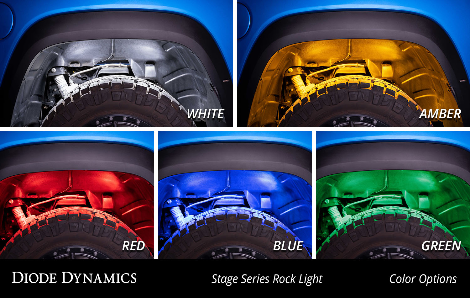 different color rock light examples in wheel well of truck