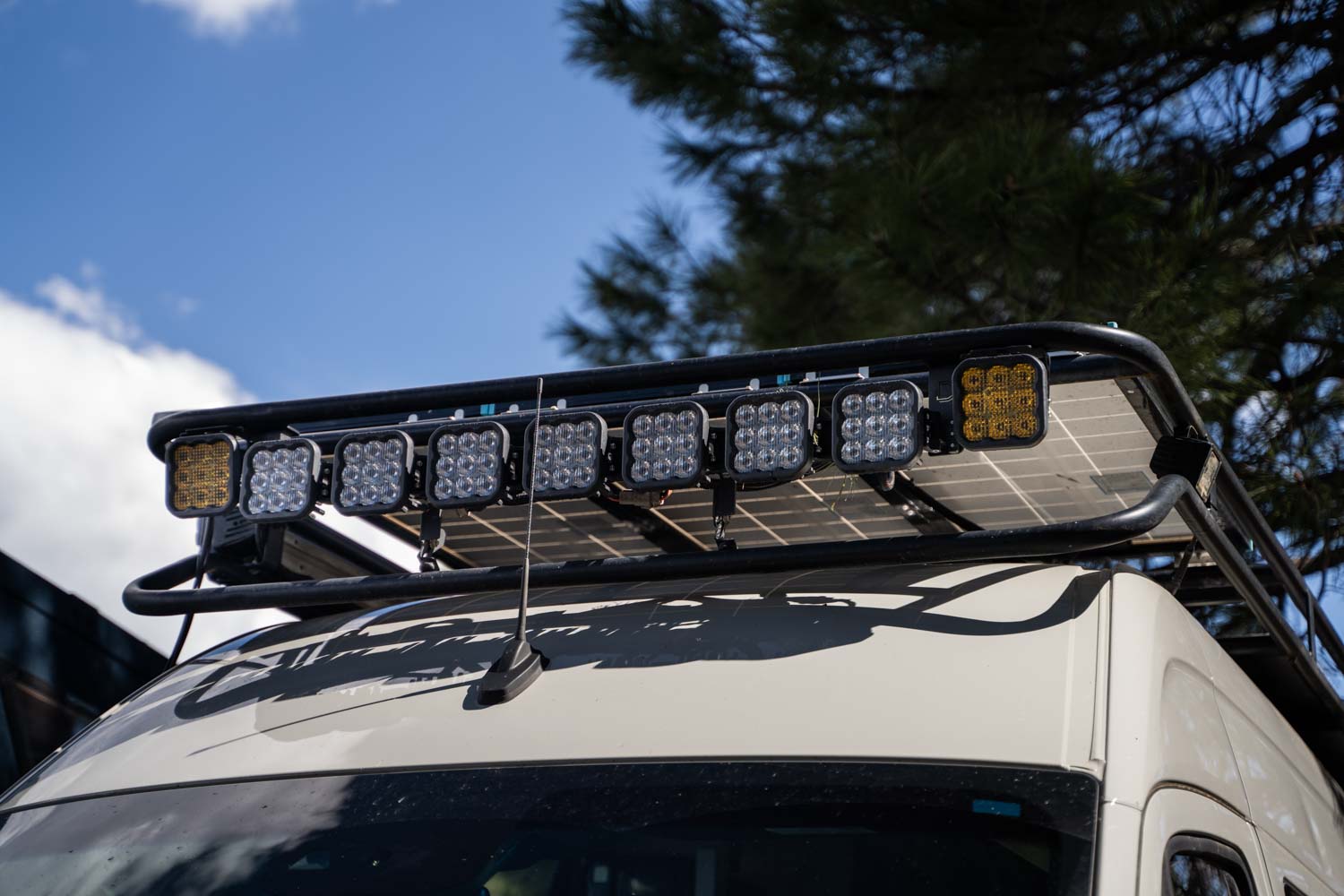 SS5 LED Off-Road Lights as light bar on mercedes sprinter overlanding build. 